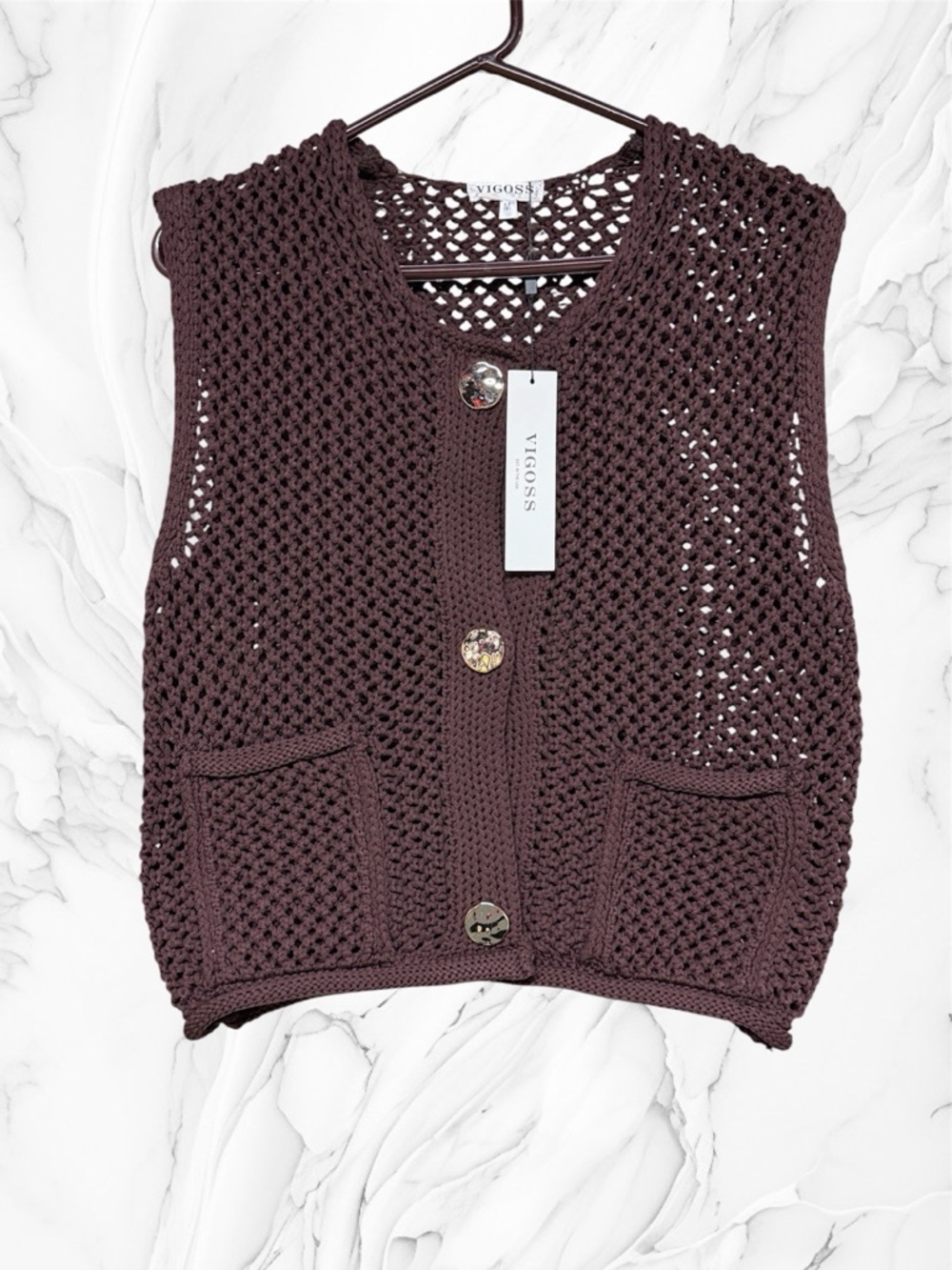 Vigoss chocolate Brown chunky Crocheted Button front Vest medium NWT